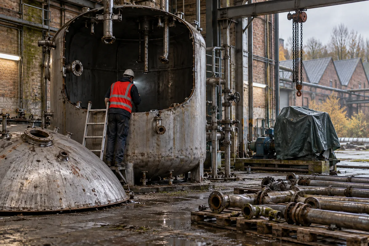 Cuve industrielle en cours de démontage dans un atelier