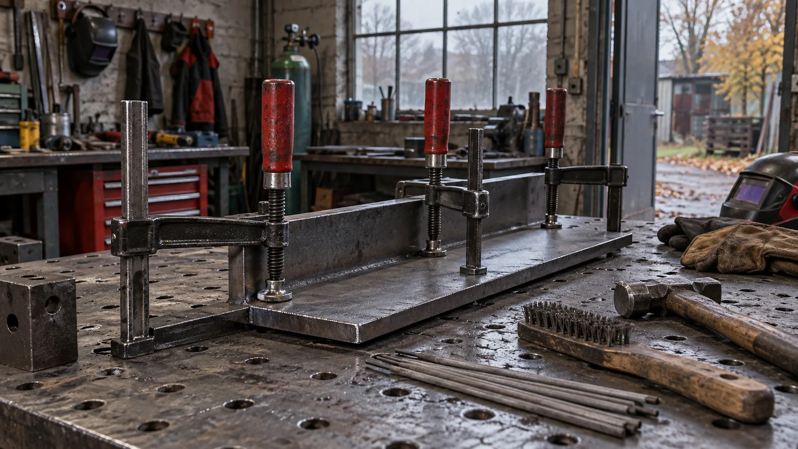 Pièce en acier bridée sur une table de soudage