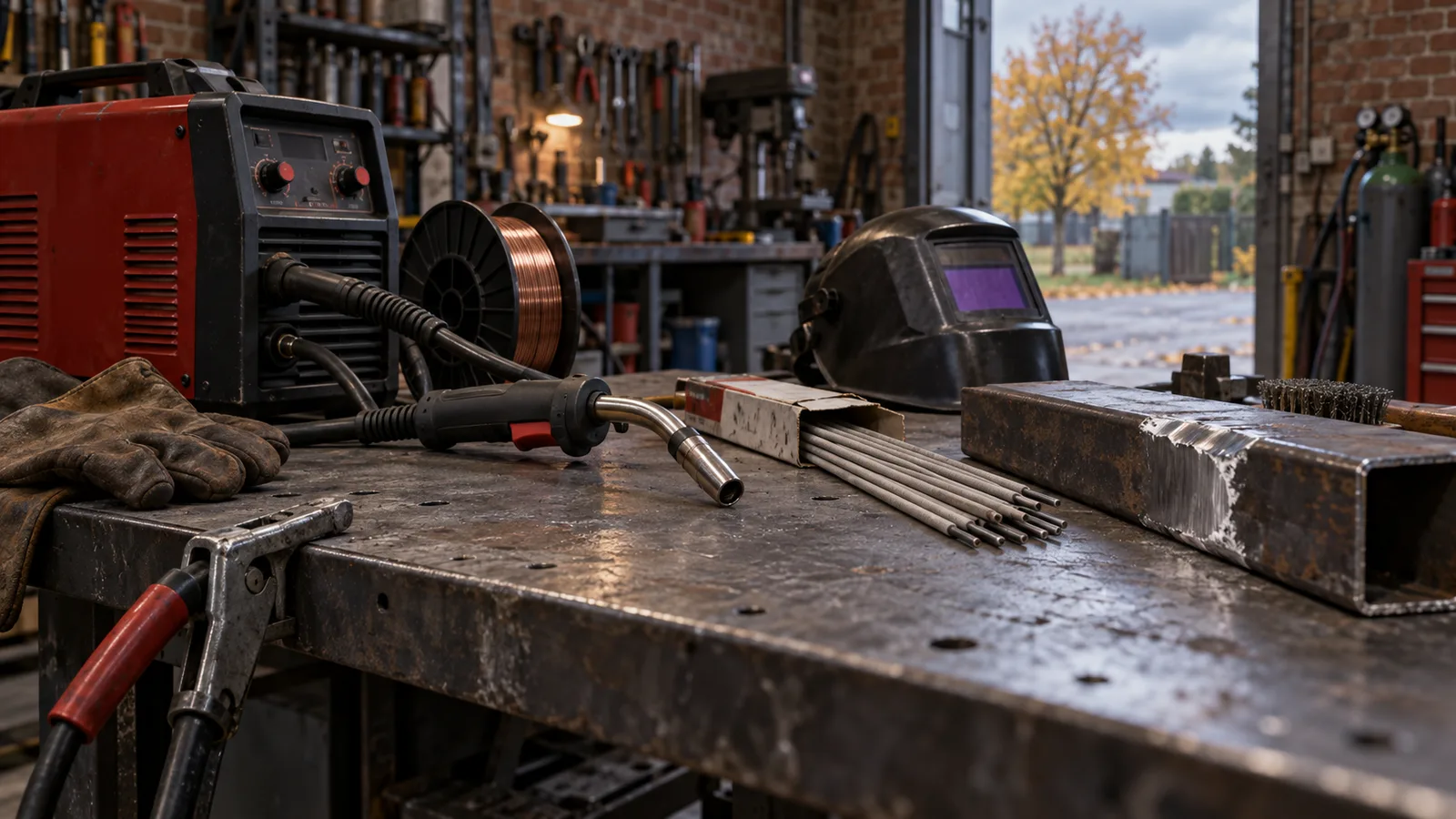 Poste à souder, torches et électrodes sur un établi d'atelier