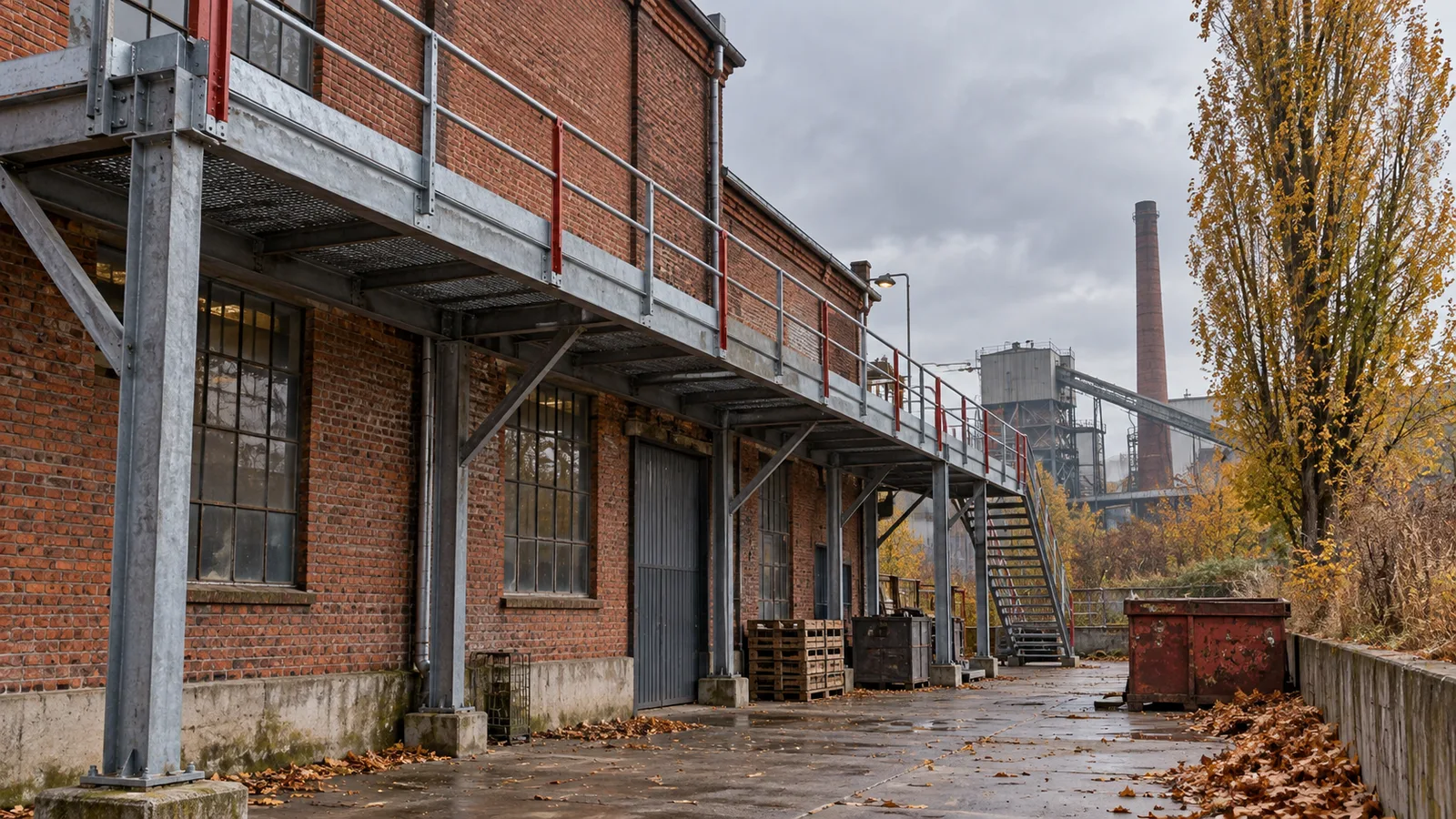Passerelle métallique et garde-corps le long d'un bâtiment industriel