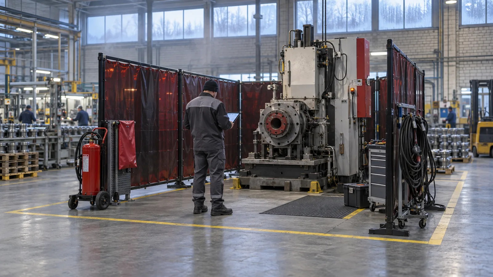 Zone d'intervention balisée autour d'une machine en usine
