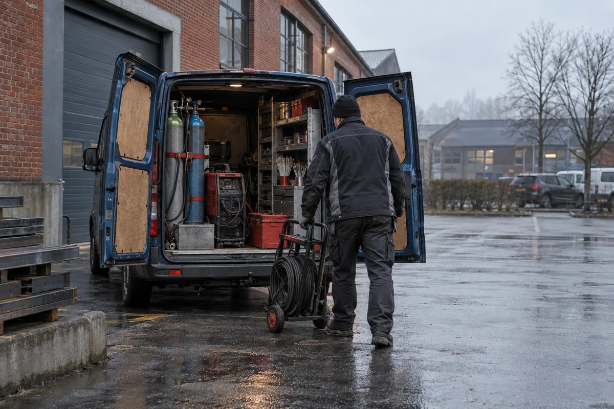 Soudeur déchargeant son matériel d'une camionnette