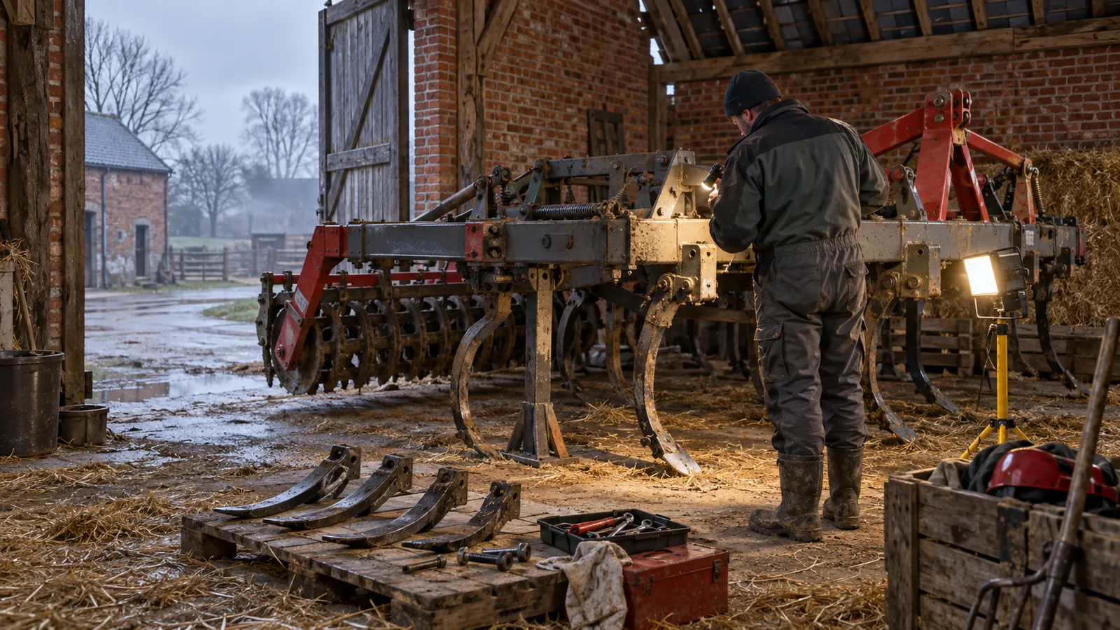 Outil agricole en révision dans un hangar de ferme