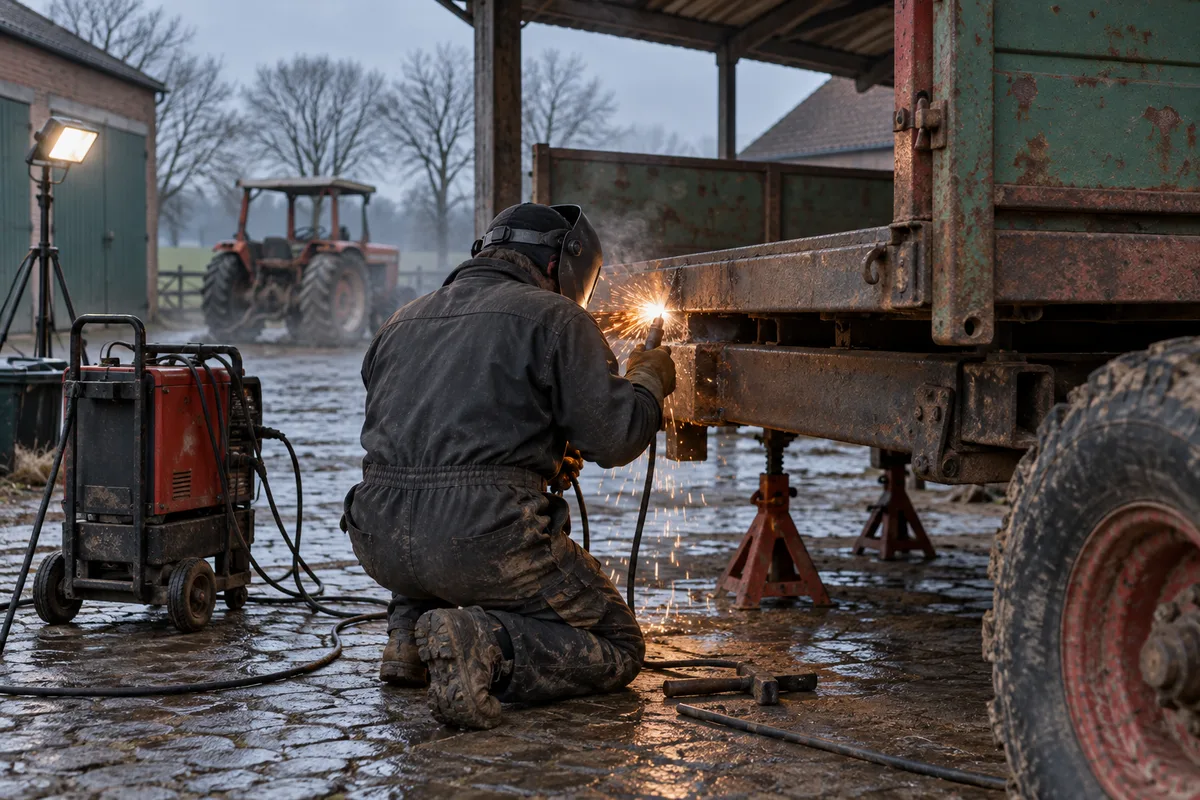 Soudeur réparant une remorque agricole