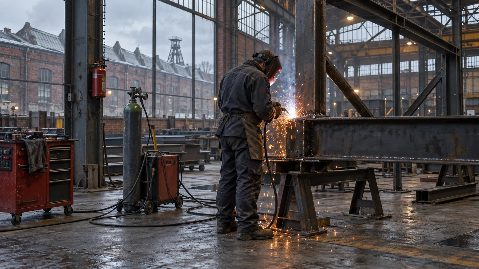 Soudeur au travail dans une halle industrielle