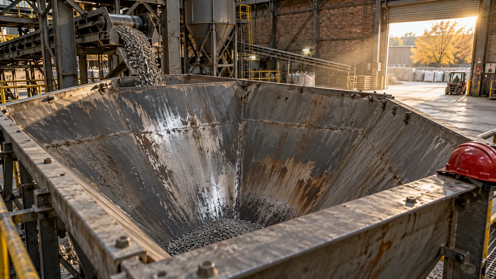 Trémie en acier usée dans une installation industrielle